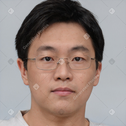 Neutral asian young-adult male with short  brown hair and brown eyes