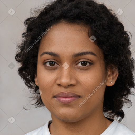 Joyful black young-adult female with medium  black hair and brown eyes