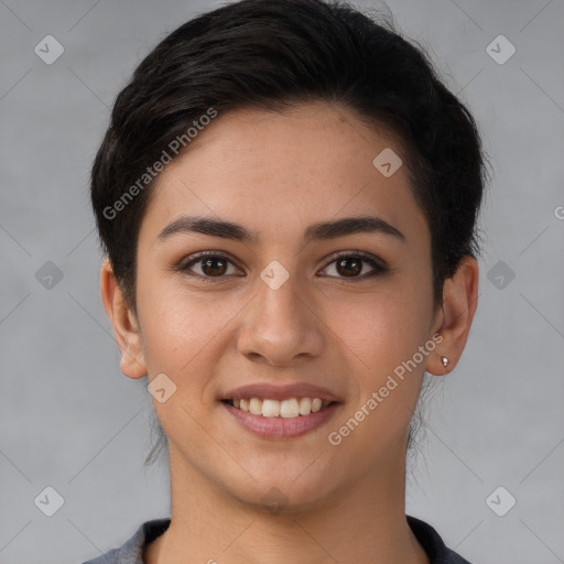 Joyful white young-adult female with short  brown hair and brown eyes