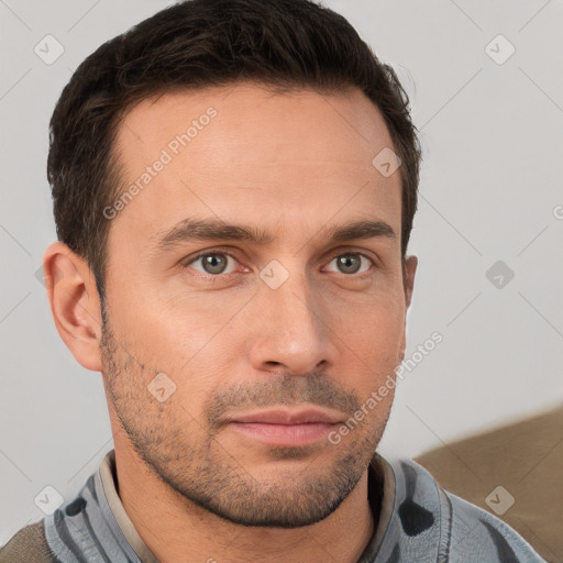 Neutral white young-adult male with short  brown hair and brown eyes