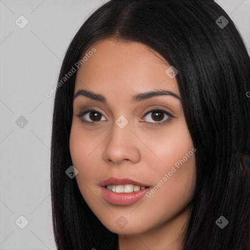 Joyful white young-adult female with long  black hair and brown eyes