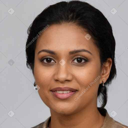 Joyful latino young-adult female with medium  black hair and brown eyes