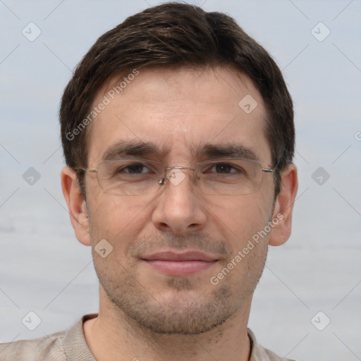 Joyful white adult male with short  brown hair and brown eyes