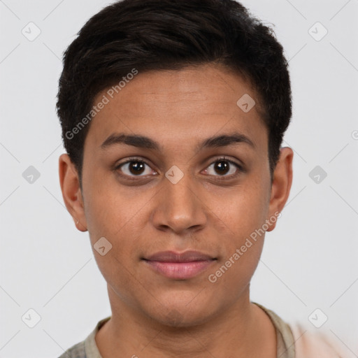 Joyful white young-adult female with short  brown hair and brown eyes