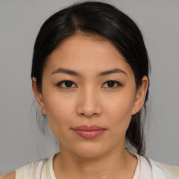 Neutral asian young-adult female with medium  black hair and brown eyes