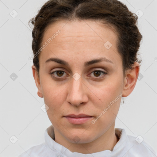 Neutral white young-adult female with short  brown hair and brown eyes