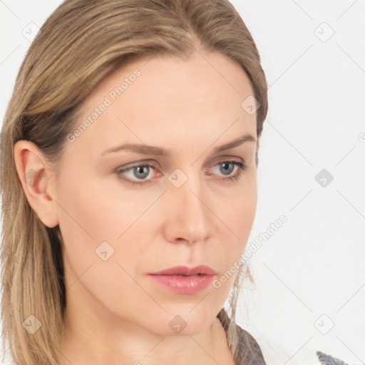 Neutral white young-adult female with long  brown hair and grey eyes