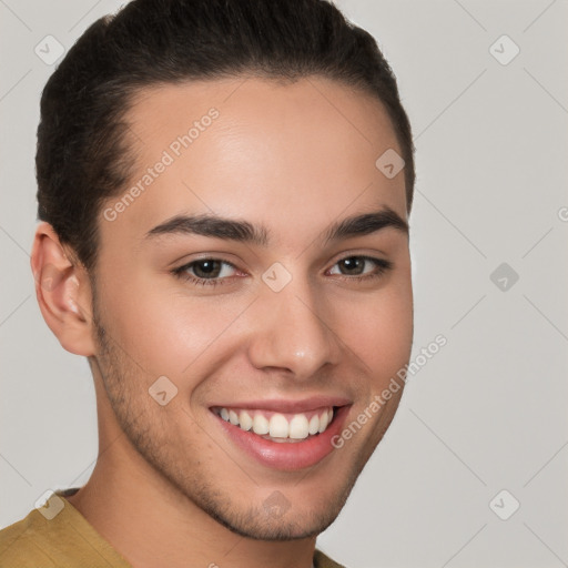 Joyful white young-adult male with short  brown hair and brown eyes