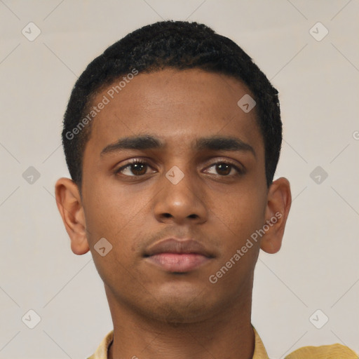 Neutral black young-adult male with short  black hair and brown eyes