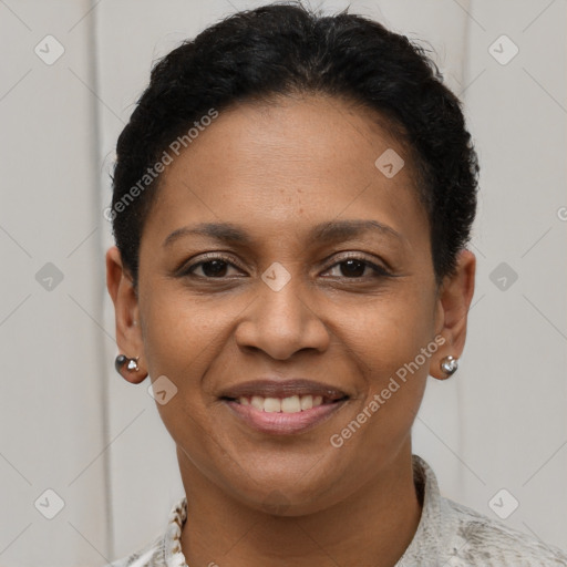 Joyful latino young-adult female with short  brown hair and brown eyes