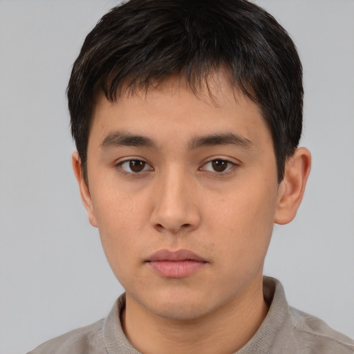 Neutral asian young-adult male with short  brown hair and brown eyes