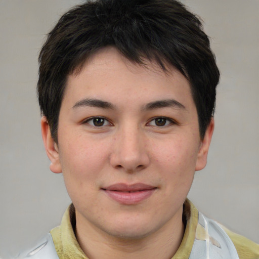 Joyful asian young-adult female with short  brown hair and brown eyes