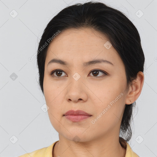 Neutral asian young-adult female with medium  brown hair and brown eyes