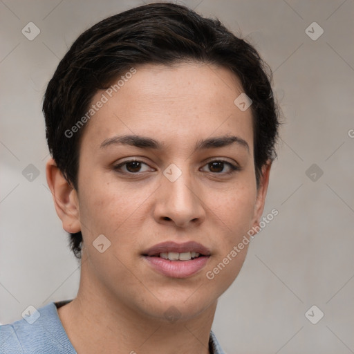 Joyful white young-adult female with short  brown hair and brown eyes