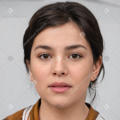 Neutral white young-adult female with medium  brown hair and brown eyes