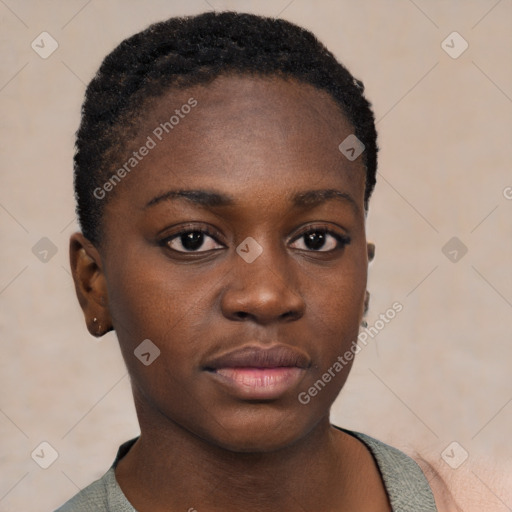 Neutral black young-adult female with short  black hair and brown eyes