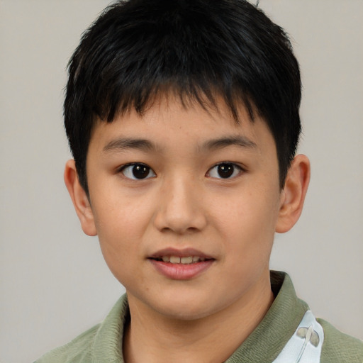 Joyful asian child male with short  brown hair and brown eyes