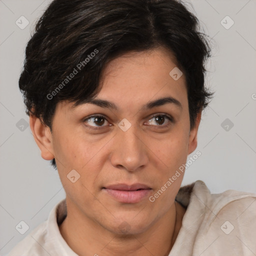 Joyful white adult female with short  brown hair and brown eyes