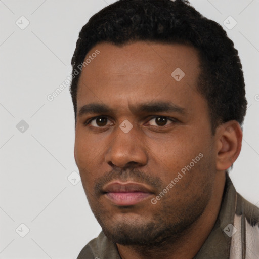 Neutral black young-adult male with short  black hair and brown eyes