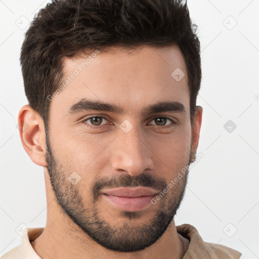 Joyful white young-adult male with short  brown hair and brown eyes