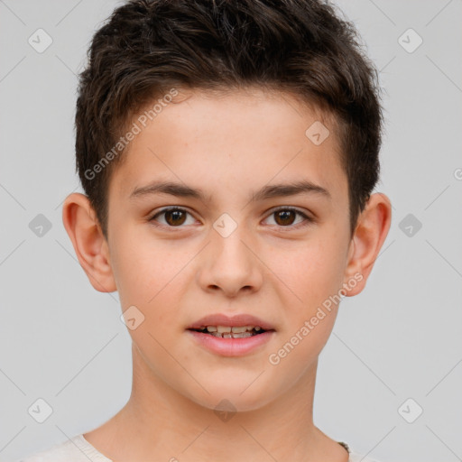 Joyful white child male with short  brown hair and brown eyes