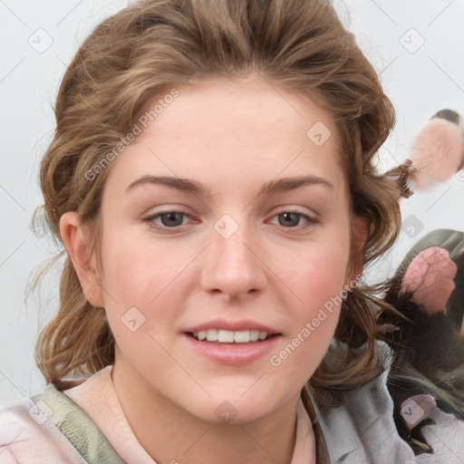 Joyful white young-adult female with medium  brown hair and blue eyes