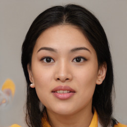 Neutral asian young-adult female with medium  brown hair and brown eyes