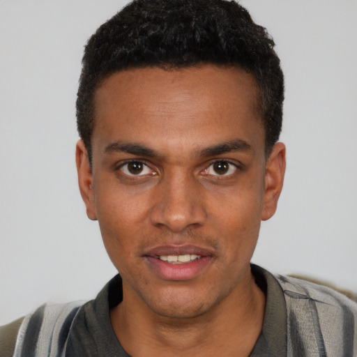 Neutral black young-adult male with short  black hair and brown eyes