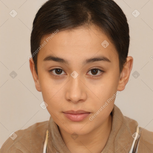 Neutral white young-adult female with short  brown hair and brown eyes