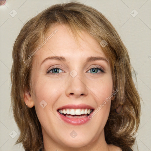 Joyful white young-adult female with medium  brown hair and blue eyes