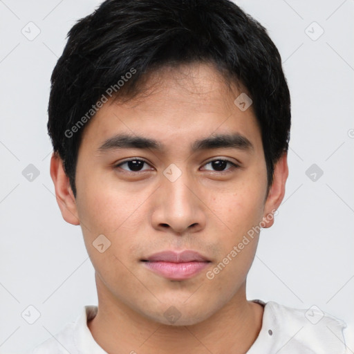 Neutral asian young-adult male with short  brown hair and brown eyes