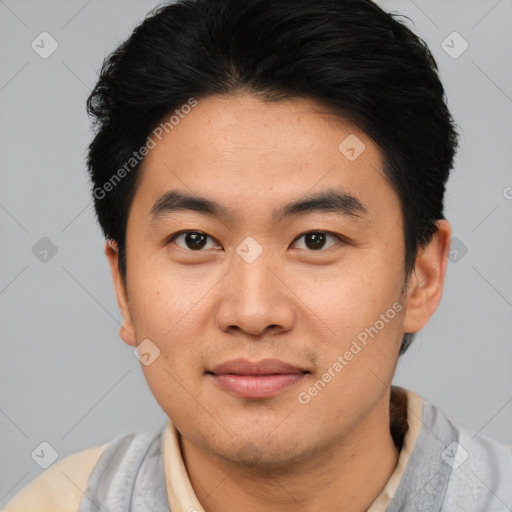 Neutral asian young-adult male with short  black hair and brown eyes