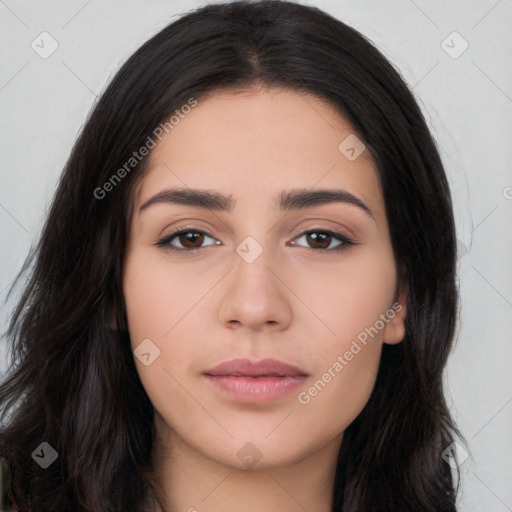 Neutral white young-adult female with long  black hair and brown eyes