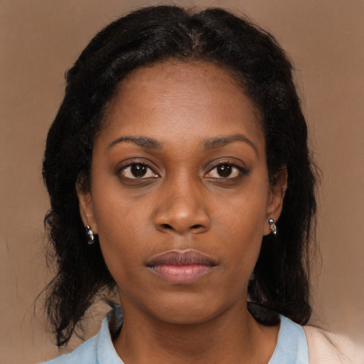Neutral black young-adult female with long  black hair and brown eyes