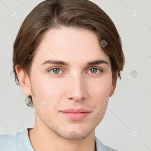 Neutral white young-adult male with short  brown hair and grey eyes