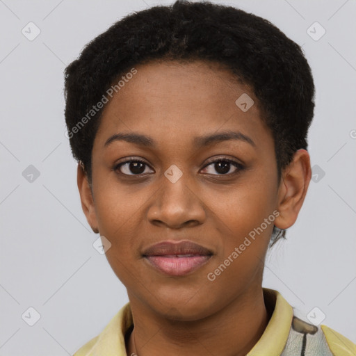 Joyful black young-adult female with short  brown hair and brown eyes