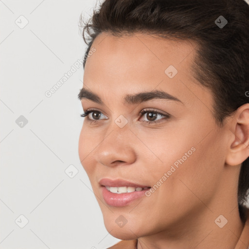 Joyful white young-adult female with short  brown hair and brown eyes