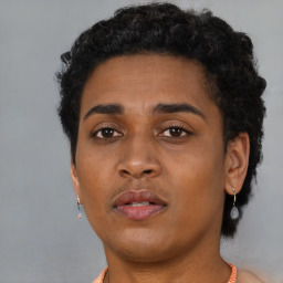 Neutral black young-adult female with short  black hair and brown eyes