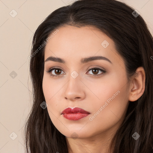 Neutral white young-adult female with long  brown hair and brown eyes