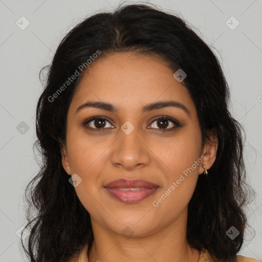 Joyful latino young-adult female with long  brown hair and brown eyes