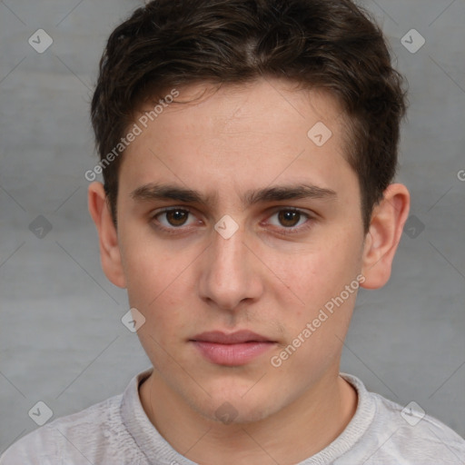 Neutral white young-adult male with short  brown hair and brown eyes