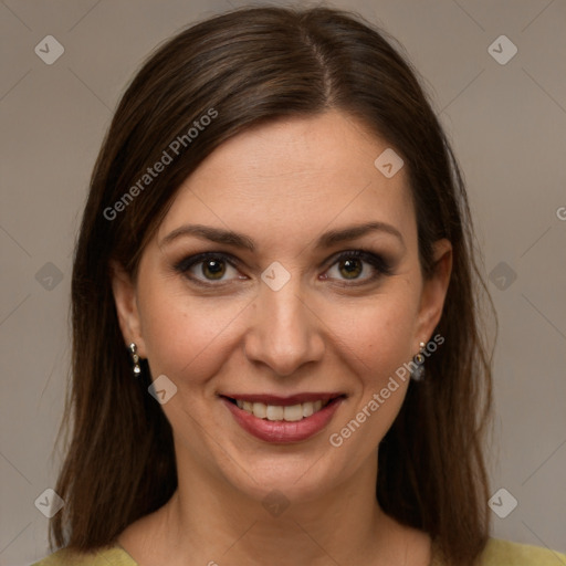 Joyful white young-adult female with medium  brown hair and brown eyes