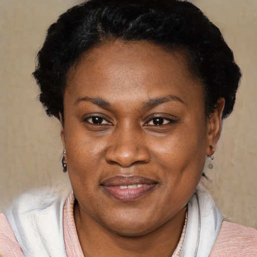 Joyful black adult female with short  brown hair and brown eyes