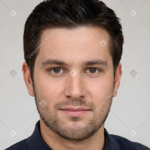 Neutral white young-adult male with short  brown hair and brown eyes