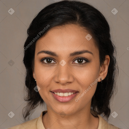 Joyful latino young-adult female with medium  brown hair and brown eyes