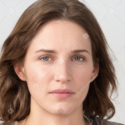 Neutral white young-adult female with medium  brown hair and grey eyes