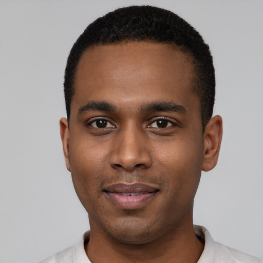Neutral black young-adult male with short  black hair and brown eyes