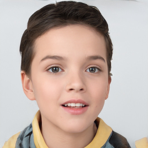 Joyful white child female with short  brown hair and brown eyes