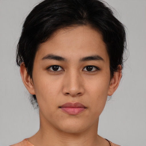 Neutral asian young-adult female with short  black hair and brown eyes