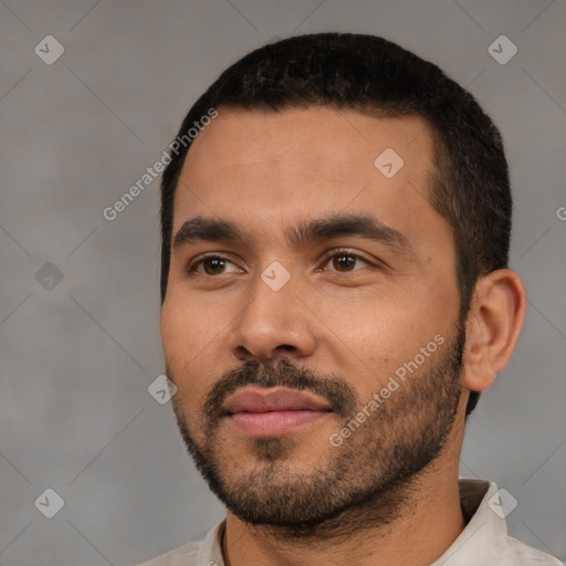 Neutral latino young-adult male with short  black hair and brown eyes